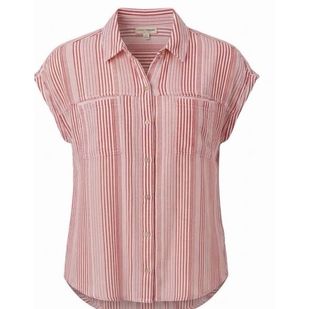 Lucky Brand Womens Small Striped Gauze Blouse Red White Dolman Button Up